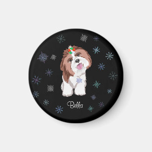 Merry & Adorable Shih Tzu With Snowflake Dog Name  Magnet