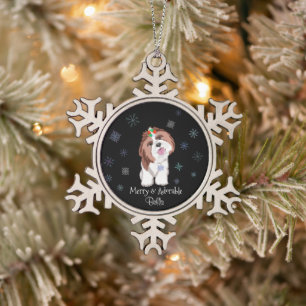 Merry & Adorable Shih Tzu With Snowflake Dog Name  Pewter Christmas Ornament