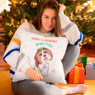 Merry & Adorable Shih Tzu With Snowflake Dog Tag Throw Pillow
