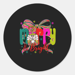 Merry &amp; Bright Coquette Bow Nutcracker Christm Classic Round Sticker