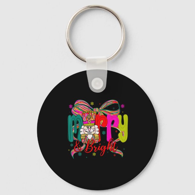 Merry &amp; Bright Coquette Bow Nutcracker Christm Keychain (Front)