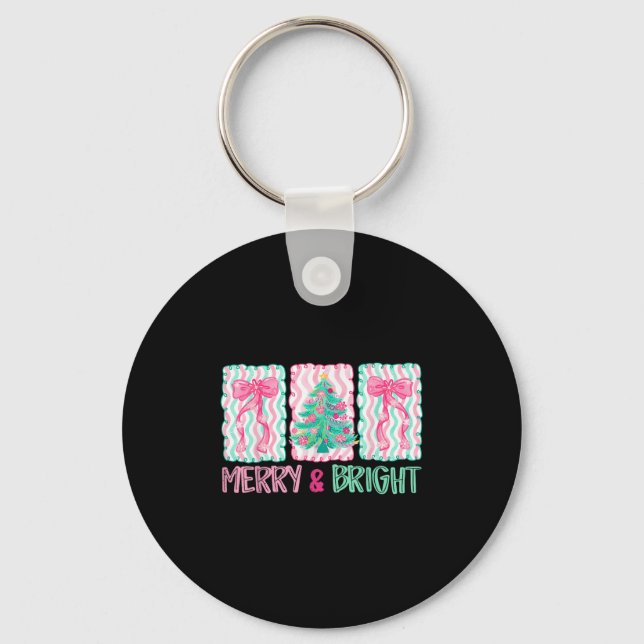 Merry &amp; Bright Coquette Preppy Bow Xmas Tree W Keychain (Front)