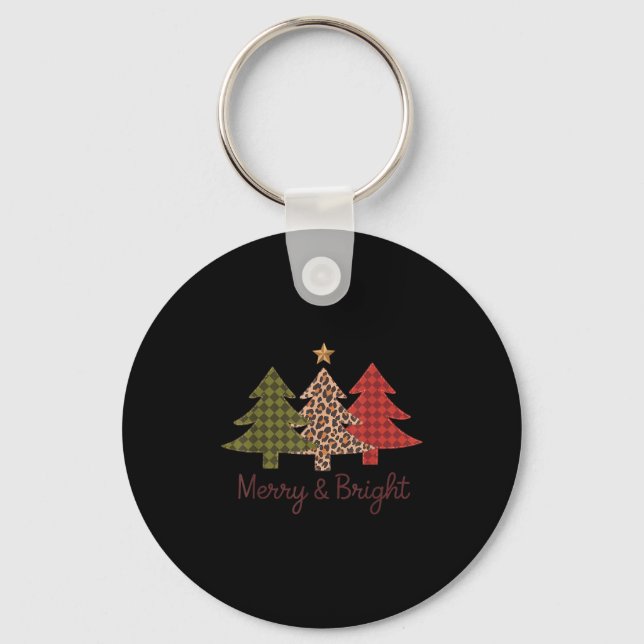 Merry &amp; Bright Plaid Leopard Christmas Tree Xm Keychain (Front)