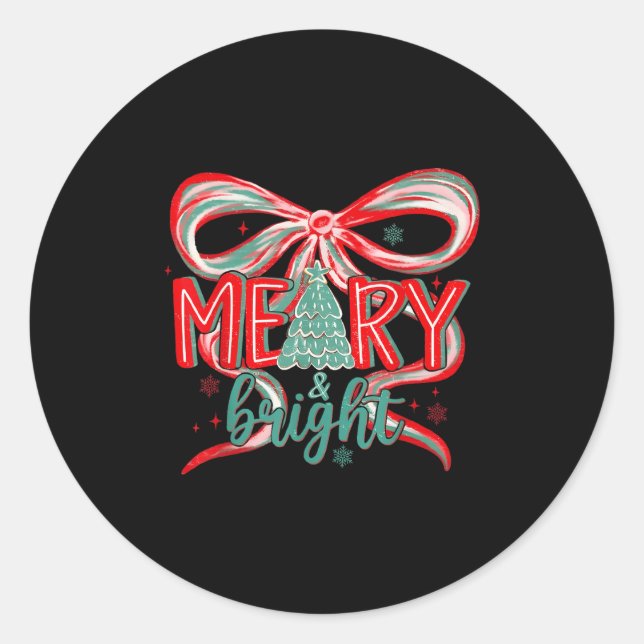 Merry &amp; Bright Tree Coquette Bow Retro Holiday Classic Round Sticker (Front)