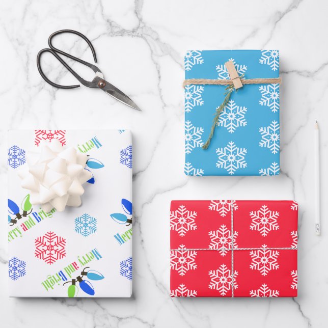Merry and Bright 2 Snowflake Christmas  Wrapping Paper Sheet (Front)