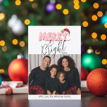 Merry and Bright 3 Family Photo Retro Christmas Holiday Card<br><div class="desc">This festive Merry & Bright design was created using a fun modern script font and my hand lettered block font in a retro 80's style in pale pink and red topped off with my hand painted Santa hat with holly and berries to make your family photo shine as the star....</div>
