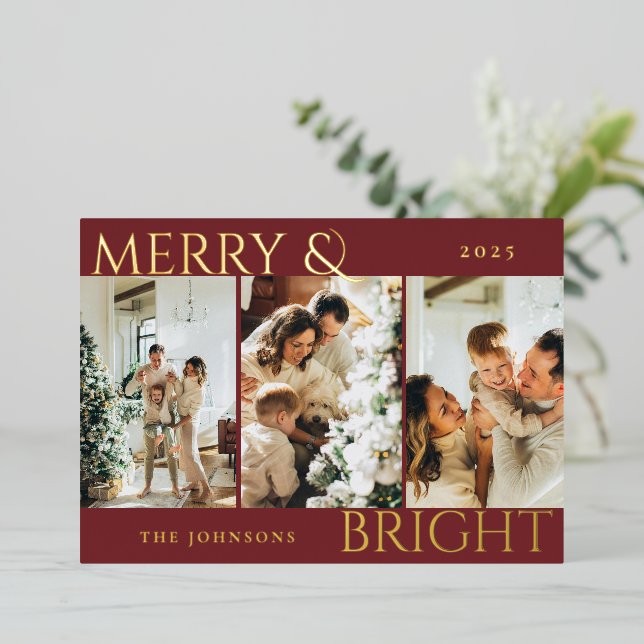 Merry and Bright 3 Photo Collage Minimal Red Foil Holiday Card (Standing Front)