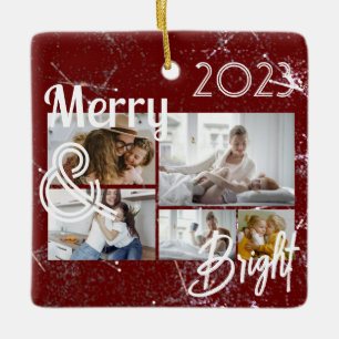 Merry and Bright 5 Photos Typography Holiday Ceramic Ornament