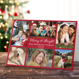 Merry And Bright 6 Photo Collage Red Christmas Holiday Card