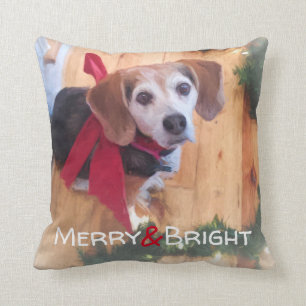 Merry and Bright Beagle Dog Red Bow Christmas Throw Pillow