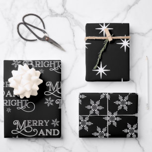 Merry and Bright Black and White Snowflake Star Wrapping Paper Sheet