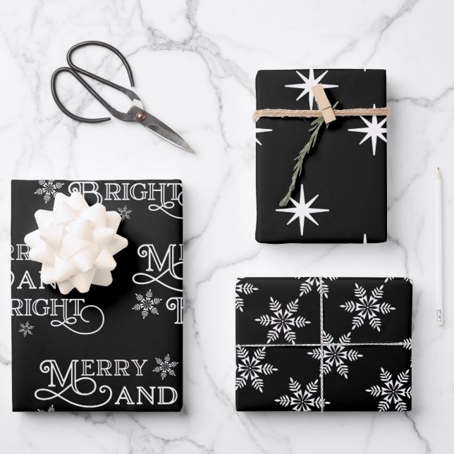 Merry and Bright Black and White Snowflake Star Wrapping Paper Sheet (Front)