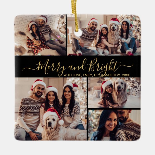 Merry and Bright Black Gold 5 Photo Christmas  Ceramic Ornament (Front)