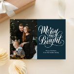 Merry and Bright Blue Calligraphy Modern Photo Holiday Card<br><div class="desc">Merry and Bright Blue Calligraphy Modern Photo Holiday Card. Send customizable and personalized holiday greetings to friends,  colleagues and family in simple,  chic,  elegant and modern photo design festive,  natural minimalist style cards! Below the calligraphy features your custom greeting message in modern typography.</div>