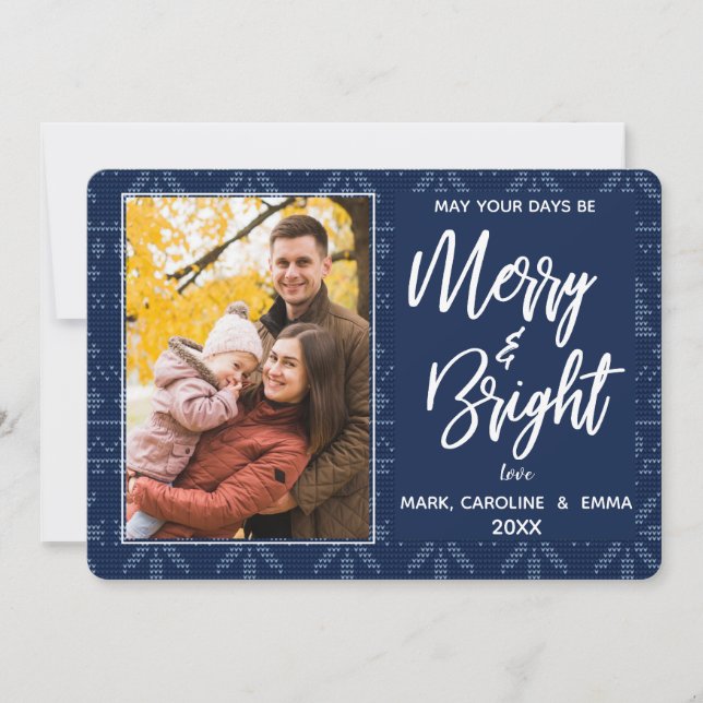 Merry and Bright Blue Knit Pattern Photo Holiday Card (Front)
