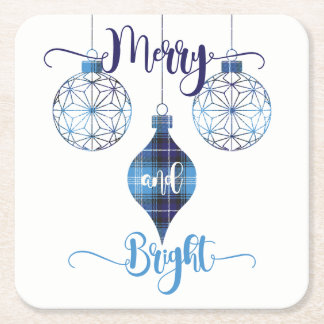 Merry and Bright Blue Plaid Ornament Square Paper Coaster