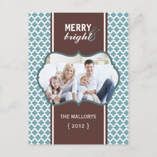 Merry and Bright Blue Quatrefoil Holiday Postcard