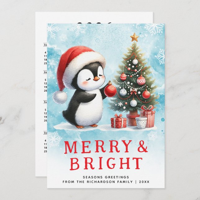 Merry and Bright Blue Red Custom Christmas Penguin Holiday Card (Front/Back)