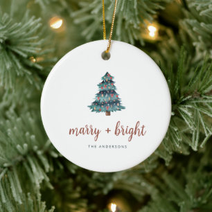 Merry and Bright Boho Christmas Tree and Photo Ceramic Ornament