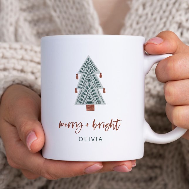 Merry and Bright | Boho Christmas Tree Coffee Mug (A boho Christmas tree mug that says "merry + bright" in casual terracotta script)