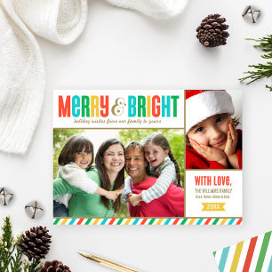 Merry and Bright Bold Colours and Stripes Photo Holiday Card