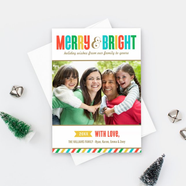 Merry and Bright Bold Colours and Stripes Photo Holiday Card (Creator Uploaded)