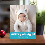Merry and Bright Bold Modern Photo - Blue White Holiday Postcard<br><div class="desc">May your days be merry & bright. One Vertical full picture is included on the front. A simple and stylish holiday design that highlights your photos. If you have any problems with your pictures or text, click on the customize button and you will be able to move things around and...</div>