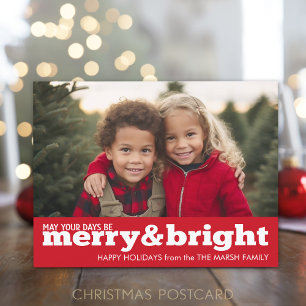 Merry and Bright Bold Modern Photo - red white Holiday Postcard