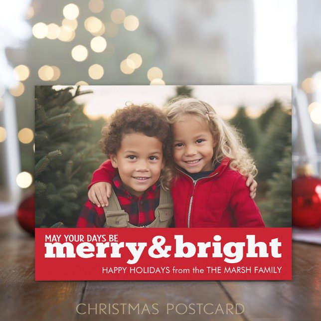 Merry and Bright Bold Modern Photo - red white Holiday Postcard (Online Christmas Card Template for a postcard with  1 photo and a red background.)
