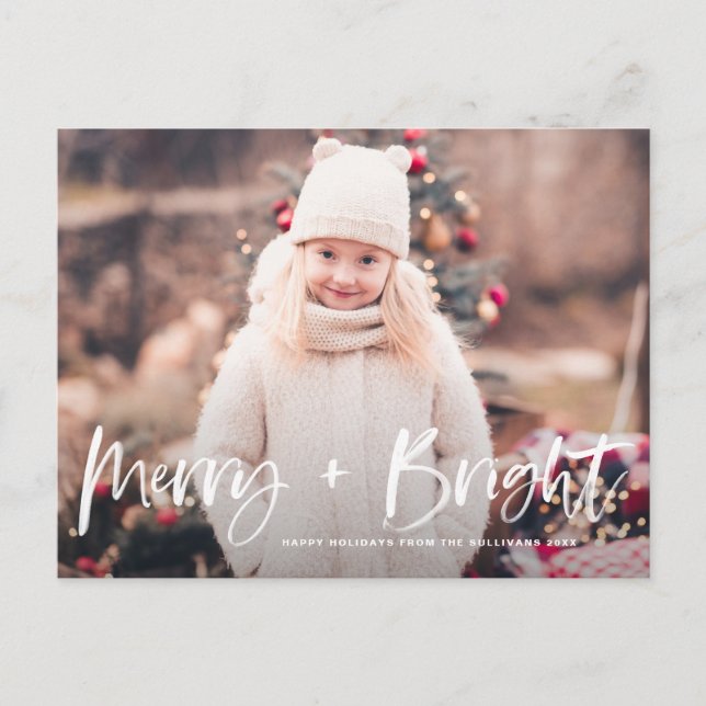 Merry and Bright Brush Lettering Photo Christmas Holiday Postcard (Front)