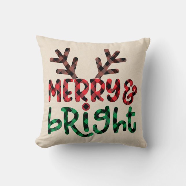 Merry and Bright Buffalo Plaid Christmas Throw Throw Pillow (Front)