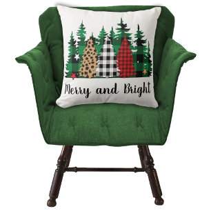 Merry and Bright Buffalo Plaid Leopard Print Tree Throw Pillow