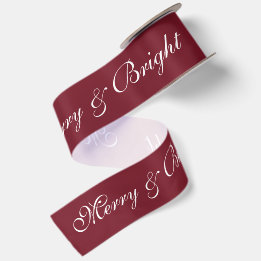 Merry and Bright Burgundy Script Christmas Holiday Satin Ribbon