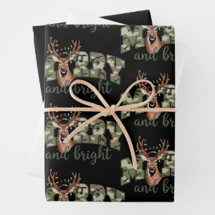 Merry And Bright Camo Deer Bow Outdoors Country  Wrapping Paper Sheet