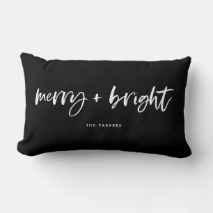 Merry and Bright   Casual Script Christmas Black Lumbar Pillow
