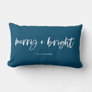 Merry and Bright   Casual Script Christmas Blue Lumbar Pillow