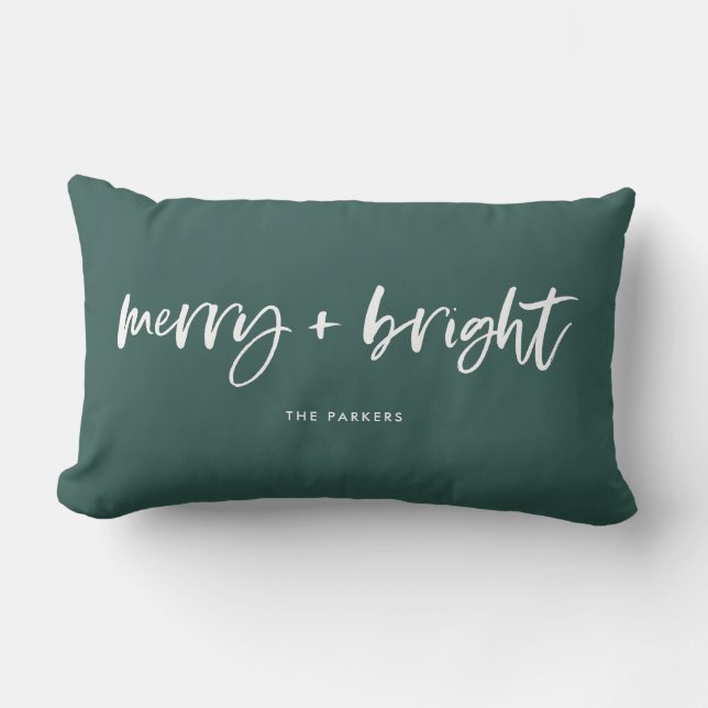 Merry and Bright | Casual Script Christmas Green Lumbar Pillow (Front)