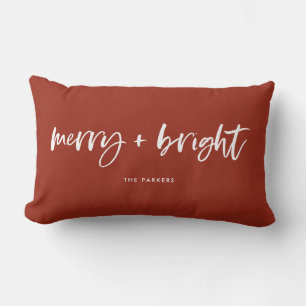 Merry and Bright   Casual Script Christmas Red Lumbar Pillow