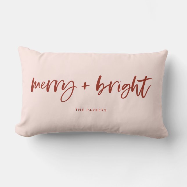 Merry and Bright | Casual Script Pink and Red Lumbar Pillow (Front)