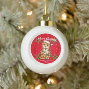 Merry and Bright cat Christmas kitten snow winter Ceramic Ball Christmas Ornament