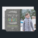 Merry and Bright Chalkboard Christmas Photo Card<br><div class="desc">Spread holiday cheer to your family and friends with a beautiful, modern Merry and Bright Christmas photo card. This unique photo card features a chalkboard background, white polka dot snowflakes, and colourful typography. You can personalize the card by changing the photo, family name, and the current year. Choose a different...</div>