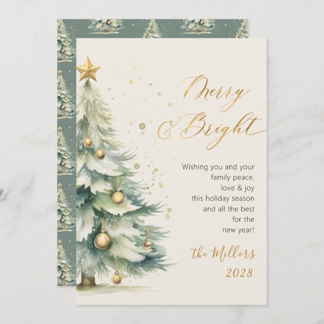 Merry and Bright Chic Gold Script Christmas Tree Holiday Card (Front/Back)
