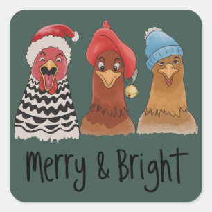 Merry And Bright Chickens Christmas Farm Animal  Square Sticker