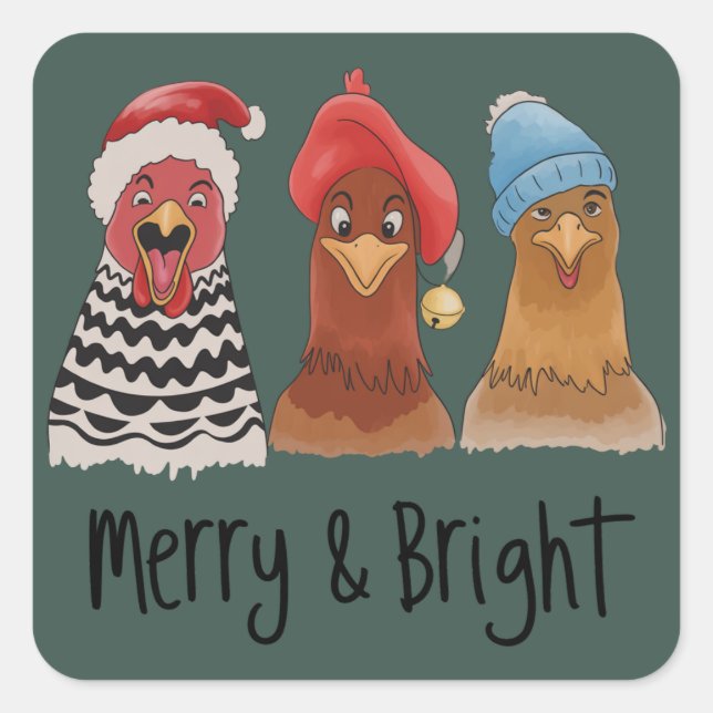 Merry And Bright Chickens Christmas Farm Animal  Square Sticker (Front)