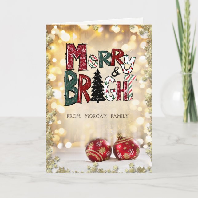 Merry and Bright,Christmas Balls,Stars Bokeh  Holiday Card (Front)