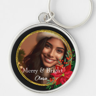 Merry and Bright Christmas Black Gold Photo Keychain