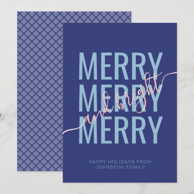 Merry and bright Christmas blue chequered Holiday Card (Front/Back)