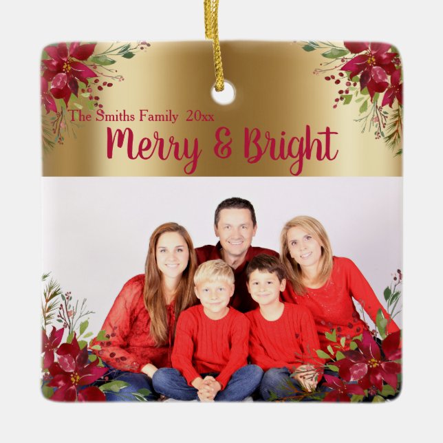 Merry and Bright Christmas Burgundy Photo Holiday Ceramic Ornament (Front)