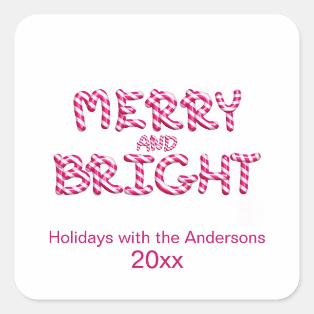 Merry and Bright Christmas Candy Cane Red Square Sticker (Front)