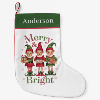 Merry and Bright Christmas elf add name Small Christmas Stocking